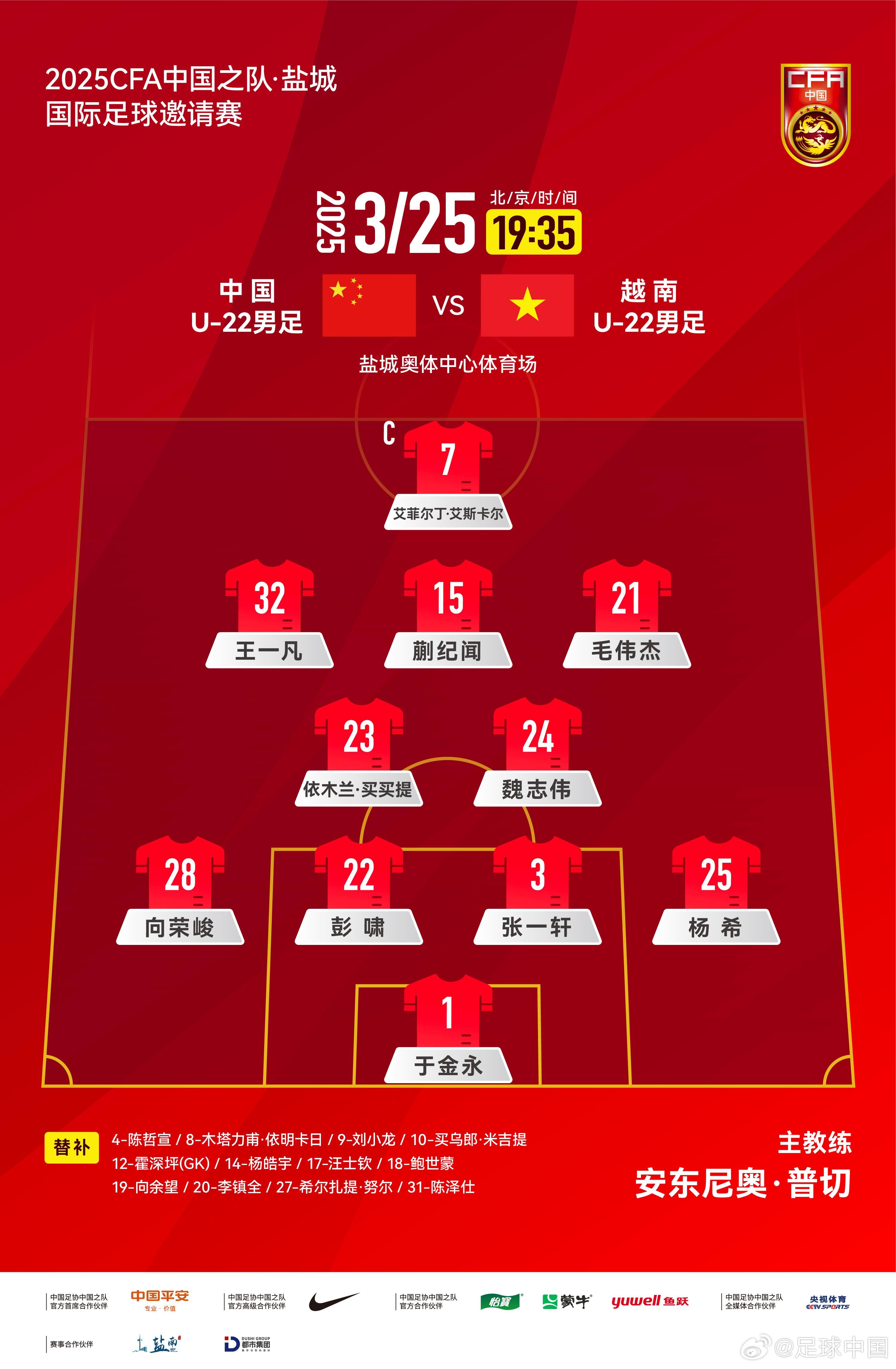 鹽城國際足球邀請賽中國U-22男足vs越南U-22男足，中國隊(duì)首發(fā)陣容