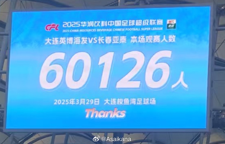 大連英博和長(zhǎng)春亞泰吸引60126名觀眾現(xiàn)場(chǎng)觀戰(zhàn)，中超歷史排名第二